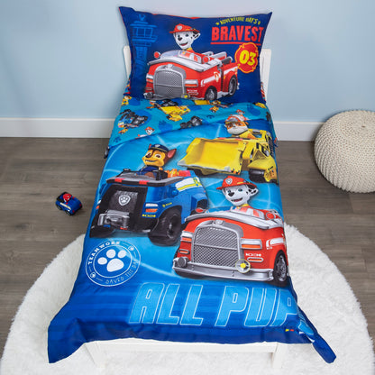 NoJo Paw Patrol Calling All Pups 4 Piece Toddler Bed Set Includes - Comforter, Fitted Bottom Sheet, Flat Top Sheet, Reversible Pillowcase