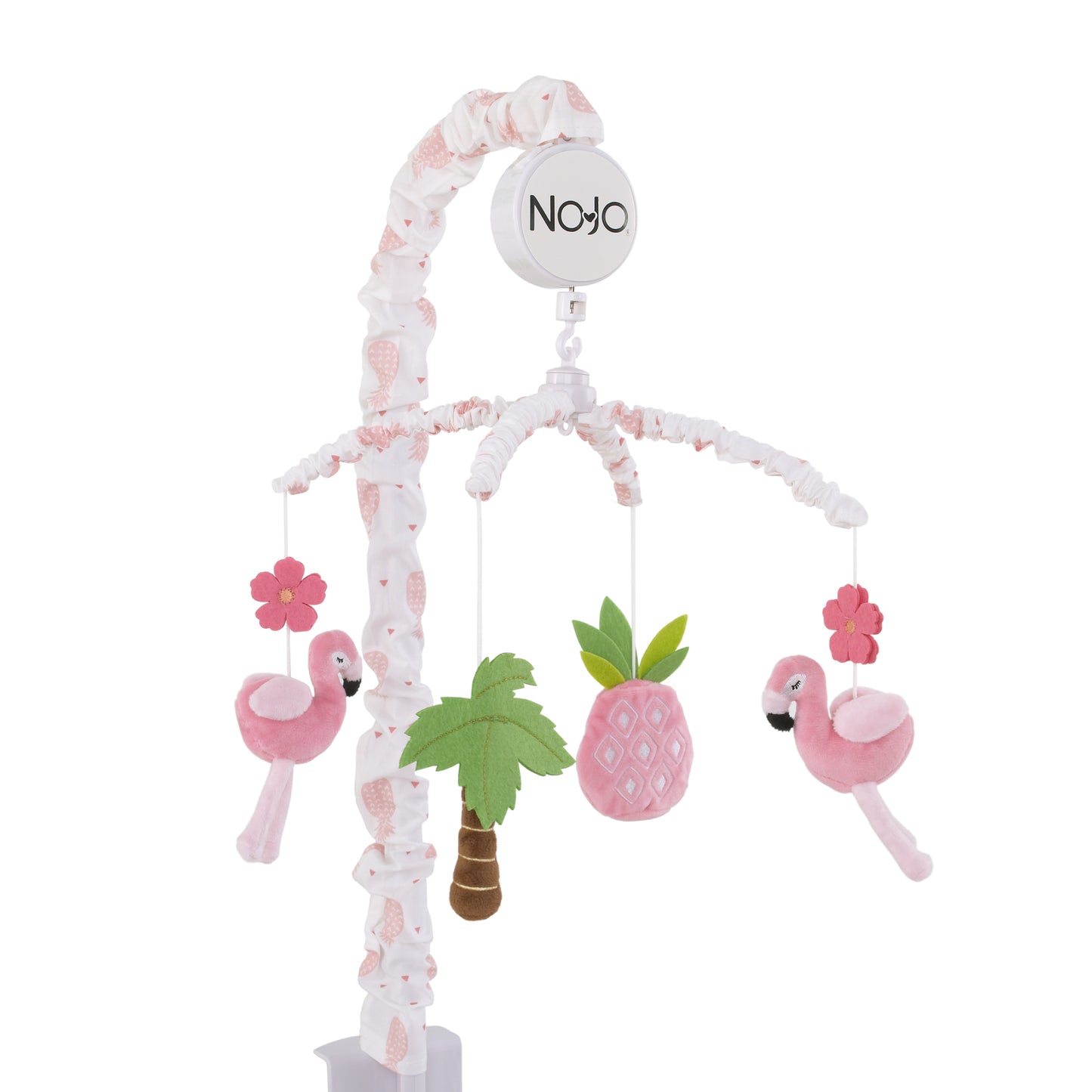 NoJo Tropical Flamingo Nursery Crib Musical Mobile with Plush Pink Flamingos, Flowers, Palm Tree & Pineapple