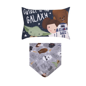 Star Wars Welcome to the Galaxy Navy and Gray Yoda, Princess Leia, R2-D2, and Chewbacca 2 Piece Toddler Sheet Set - Fitted Bottom Sheet and Reversible Pillowcase