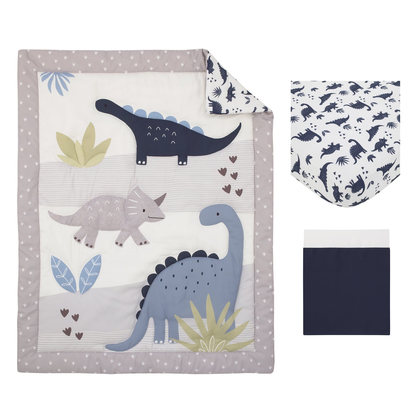 Carter's Dino Adventure Gray and Blue 3 Piece Crib Bedding Set - Comforter, Fitted Crib Sheet, and Crib Skirt