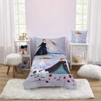 Disney Frozen Winter Cheer Lavender, Aqua, Green and White, Anna, Elsa, and Olaf 4 Piece Toddler Bed Set - Comforter, Fitted Bottom Sheet, Flat Top Sheet, and Reversible Pillowcase