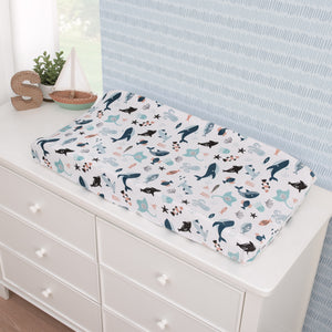 NoJo Explore Dream Discover Light Blue, Navy, Gray, and Coral Super Soft Contoured Changing Pad Cover