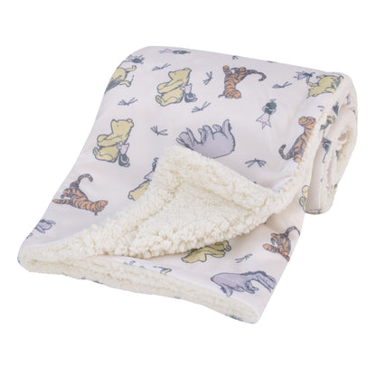 Disney Classic Pooh Naturally Friends Ivory and Taupe Piglet, Eeyore, and Tigger Super Soft Sherpa Baby Blanket