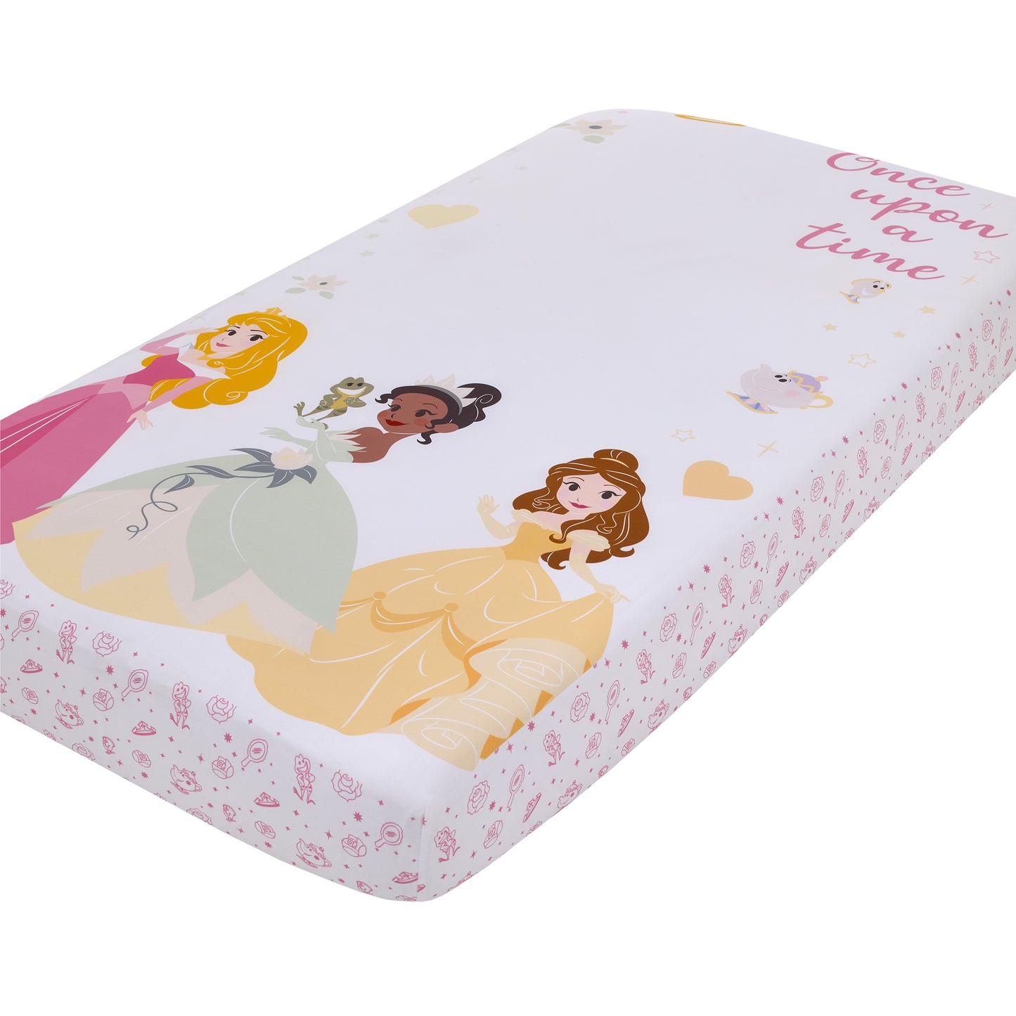 Disney Princess Make A Wish Pink, White and Yellow "Once Upon a Time" Nursery Photo Op Fitted Crib Sheet