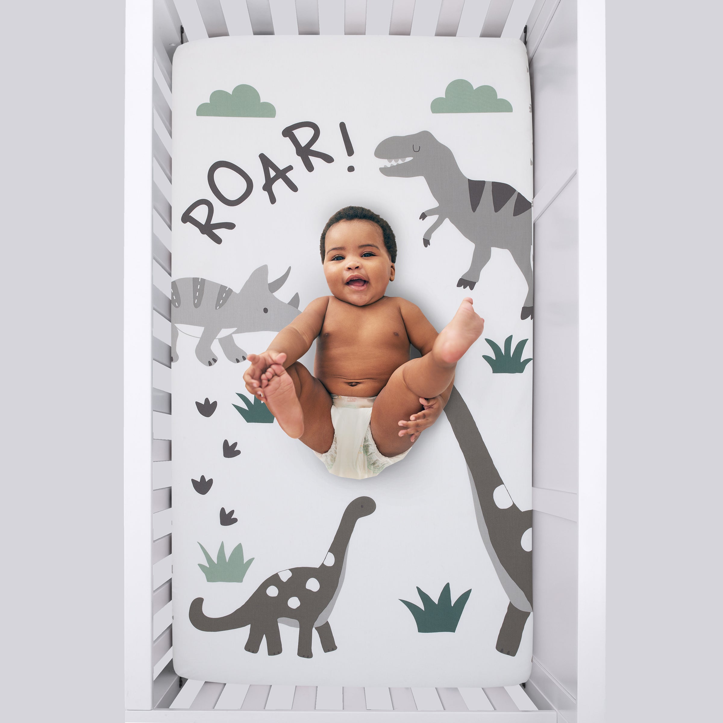 NoJo Baby Saurus Photo Op ROAR White Gray and Green Dinosaur with Clouds Nursery Fitted Crib