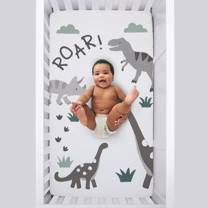 NoJo Baby-Saurus Photo Op ROAR White, Gray, and Green Dinosaur with Clouds Nursery Fitted Crib Sheet