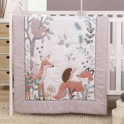 Little Love by NoJo Woodland Meadow Taupe, Sage, and White Deer, Fox, and Hedgehog 3 Piece Nursery Crib Bedding Set - Comforter, Fitted Crib Sheet and Crib Skirt