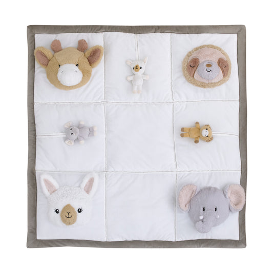 Playful Pals White, Tan, and Gray Four 3D Animals With Crinkle Plush Tummy Time Play Mat - Sloth, Llama, Elephant, and Giraffe