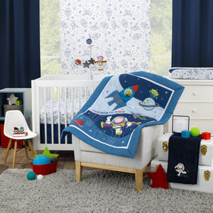 Toy Story Outta This World Blue and Gray 3 Piece Nursery Crib Bedding Set - Comforter,  Fitted Crib Sheet, and Crib Skirt