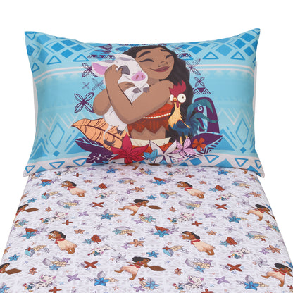 Disney Moana Free as the Ocean Aqua, Purple, Orange, and White Tropical 2 Piece Toddler Sheet Set - Fitted Bottom Sheet and Reversible Pillowcase
