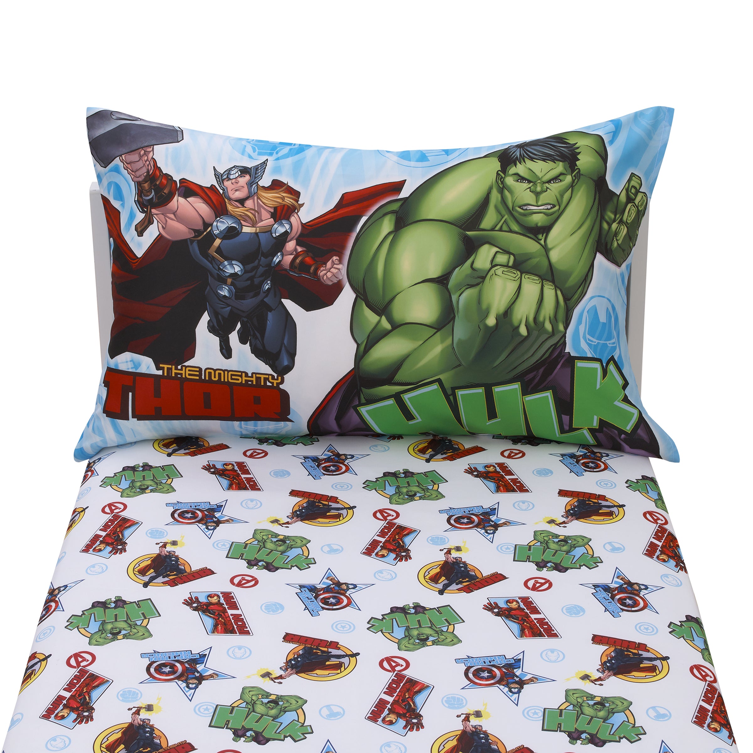 Marvel The Avengers I Am A Hero Blue Green Red and Yellow 2 Piece Toddler Sheet Set Fitted Bottom Sheet and Pillowcase NoJo Baby