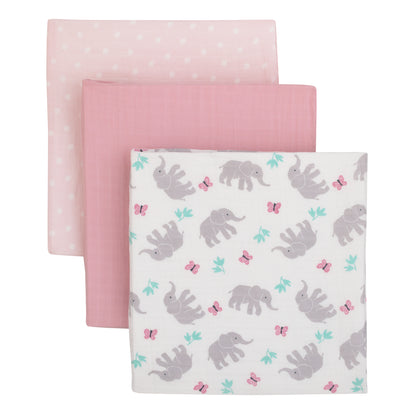 Carter's Floral Elephant Pink and White Butterfly and Polka Dot 100% Cotton 44" x 44" 3 Pack Muslin Swaddle Blanket