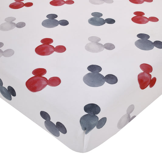 Mickey Mouse - Black, White, Gray and Red Watercolor Mickey Ears Nursery Fitted Crib Sheet