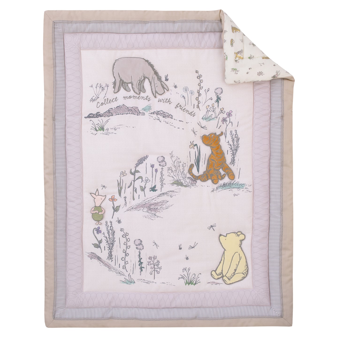 Disney Classic Pooh Naturally Friends Ivory and Taupe Piglet, Eeyore, and Tigger 3 Piece Nursery Crib Bedding Set - Comforter, 100% Cotton Fitted Crib Sheet, and Crib Skirt