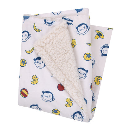 Welcome to the Universe Baby Curious George White, Blue, Red, and Yellow Balloons, Bananas and Hats Super Soft Sherpa Baby Blanket