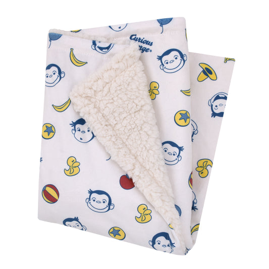 Curious George White, Blue, Red, and Yellow Balloons, Bananas and Hats Super Soft Sherpa Baby Blanket