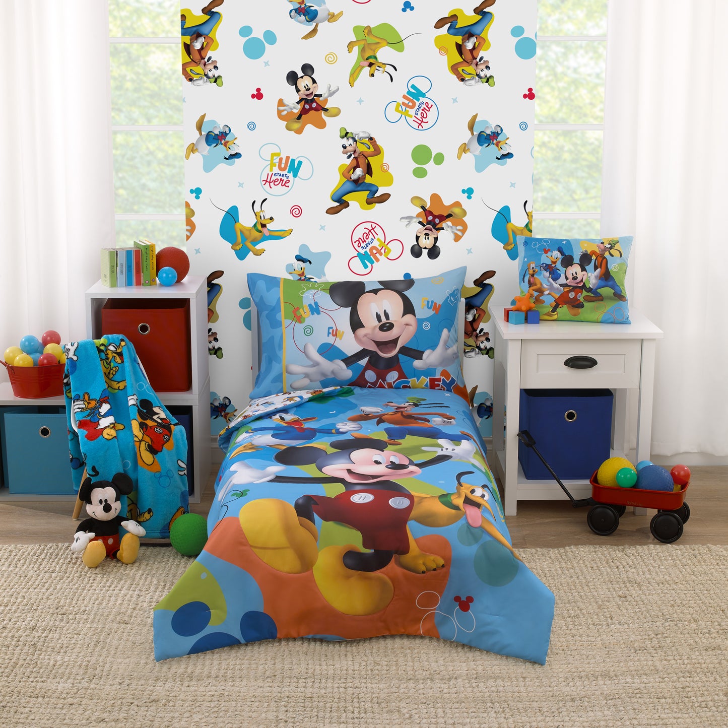 Disney Mickey Mouse Blue, Red, and Green, Donald Duck, Pluto, and Goofy, Fun Starts Here 4 Piece Toddler Bed Set - Comforter, Fitted Bottom Sheet, Flat Top Sheet, and Reversible Pillowcase