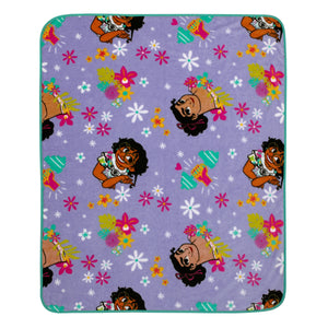 Disney Encanto Power Trio Purple and Teal 5 Piece Toddler Bedding and Blanket Bundle Set - Comforter, Fitted Bottom Sheet, Flat Top Sheet, Reversible Pillowcase and Blanket