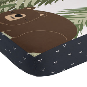 NoJo Into the Wilderness Navy, White, Green and Brown Wake the Bear 100% Cotton Photo Op Fitted Crib Sheet