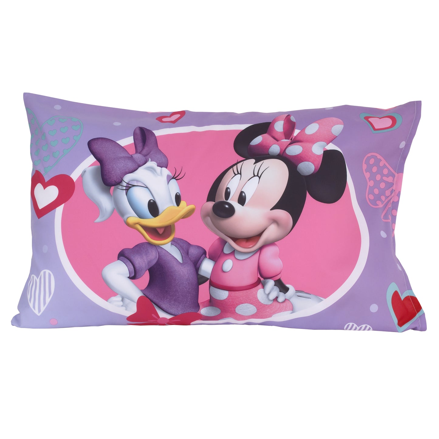 Disney Minnie Mouse Pink and Purple Hearts and Bows 2 Piece Toddler Sheet Set - Fitted Sheet and Reversible Pillowcase