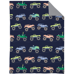 Carter's Monster Truck 4 Piece Toddler Bed Set - Comforter, Fitted Bottom Sheet, Flat Top Sheet, Standard Pillowcase, Navy and Grey