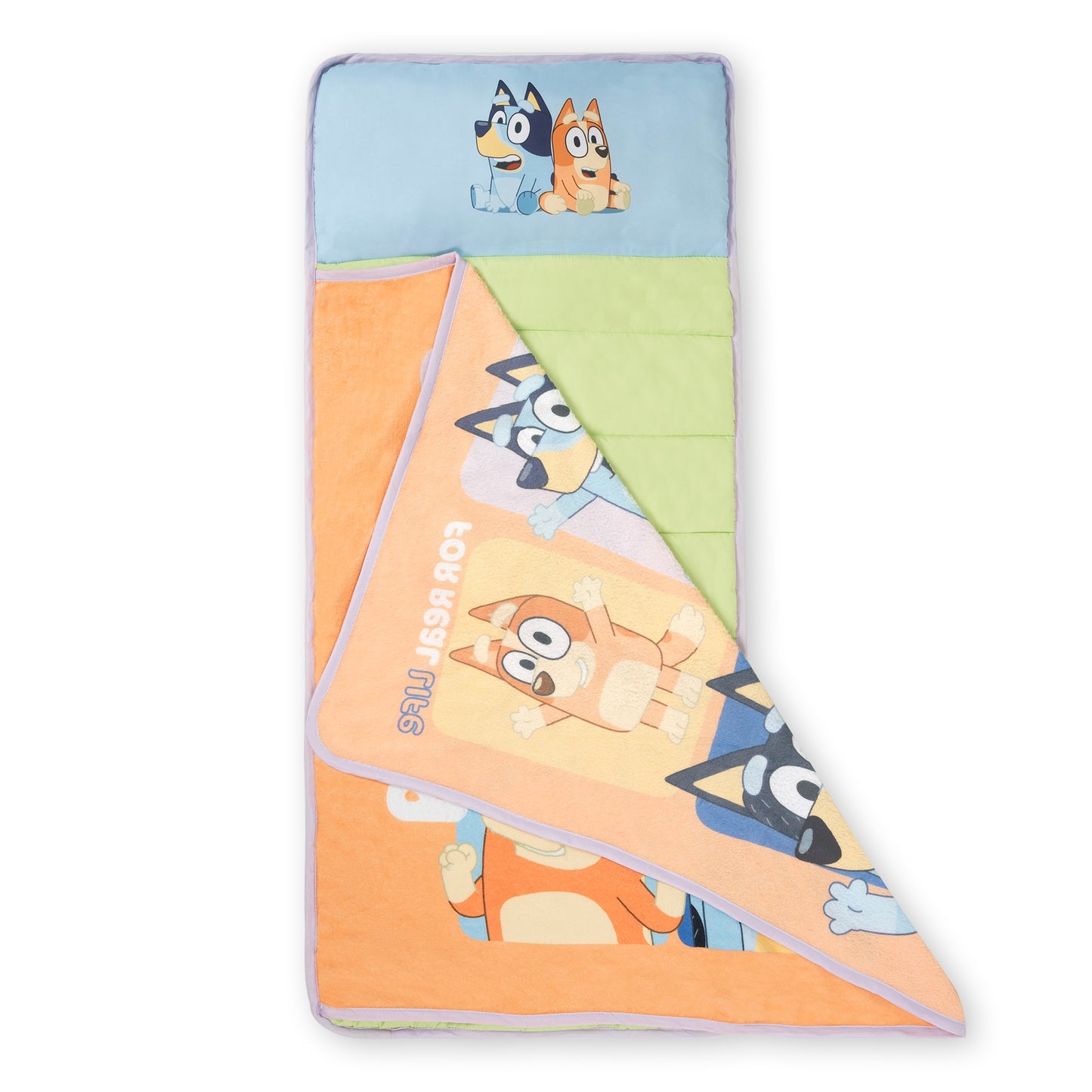 NoJo Bluey "For Real Life" Toddler Nap Mat - Includes Attached Pillow and Fleece Blanket, Orange, and Blue