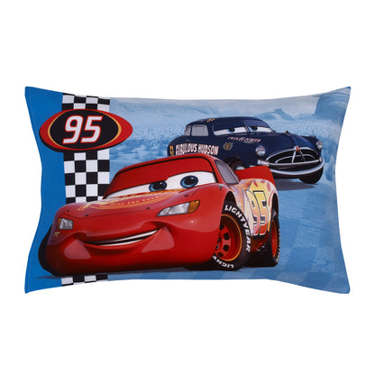 Disney Cars Radiator Springs White, Blue, and Red Lightning McQueen and Tow-Mater 2 Piece Toddler Sheet Set - Fitted Bottom Sheet and Reversible Pillowcase