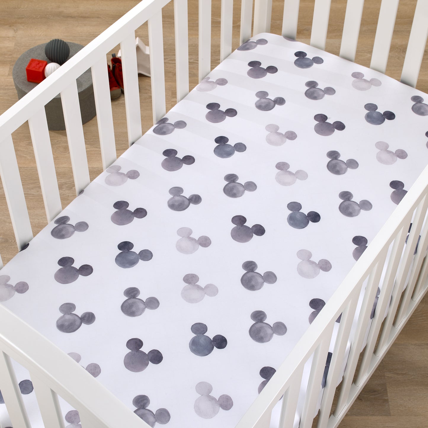 Disney Mickey Mouse - Black, White and Gray Watercolor Mickey Ears Nursery Fitted Mini Crib Sheet