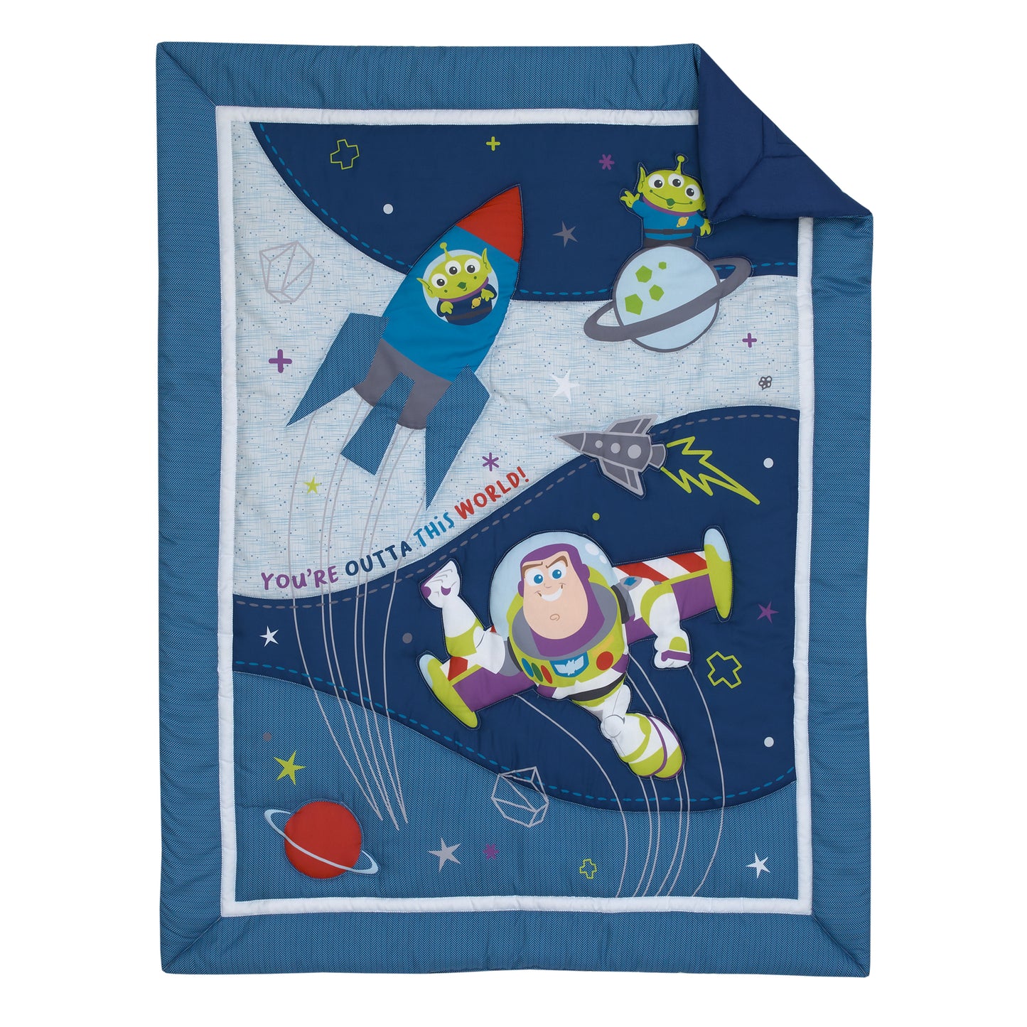 Disney Toy Story Outta This World Blue and Gray Buzz Lightyear 4 Piece Nursery Crib Bedding Set - Comforter, Fitted Crib Sheet, Changing Pad Cover, and Crib Skirt