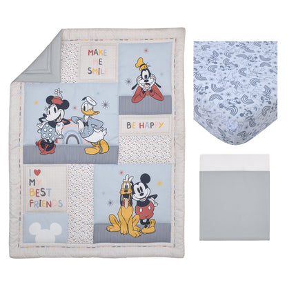 Disney Mickey and Friends Grey, Blue, Gold and Red Mickey Mouse, Minnie Mouse, Donald Duck, Pluto and Goofy 3 Piece Nursery Crib Bedding Set - Comforter, Fitted Crib Sheet and Crib Skirt