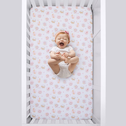 Little Love by NoJo Sweet Jungle Friends Pink, White and Tan, Monkey, Cheetah and Giraffe Super Soft Fitted Crib Sheet