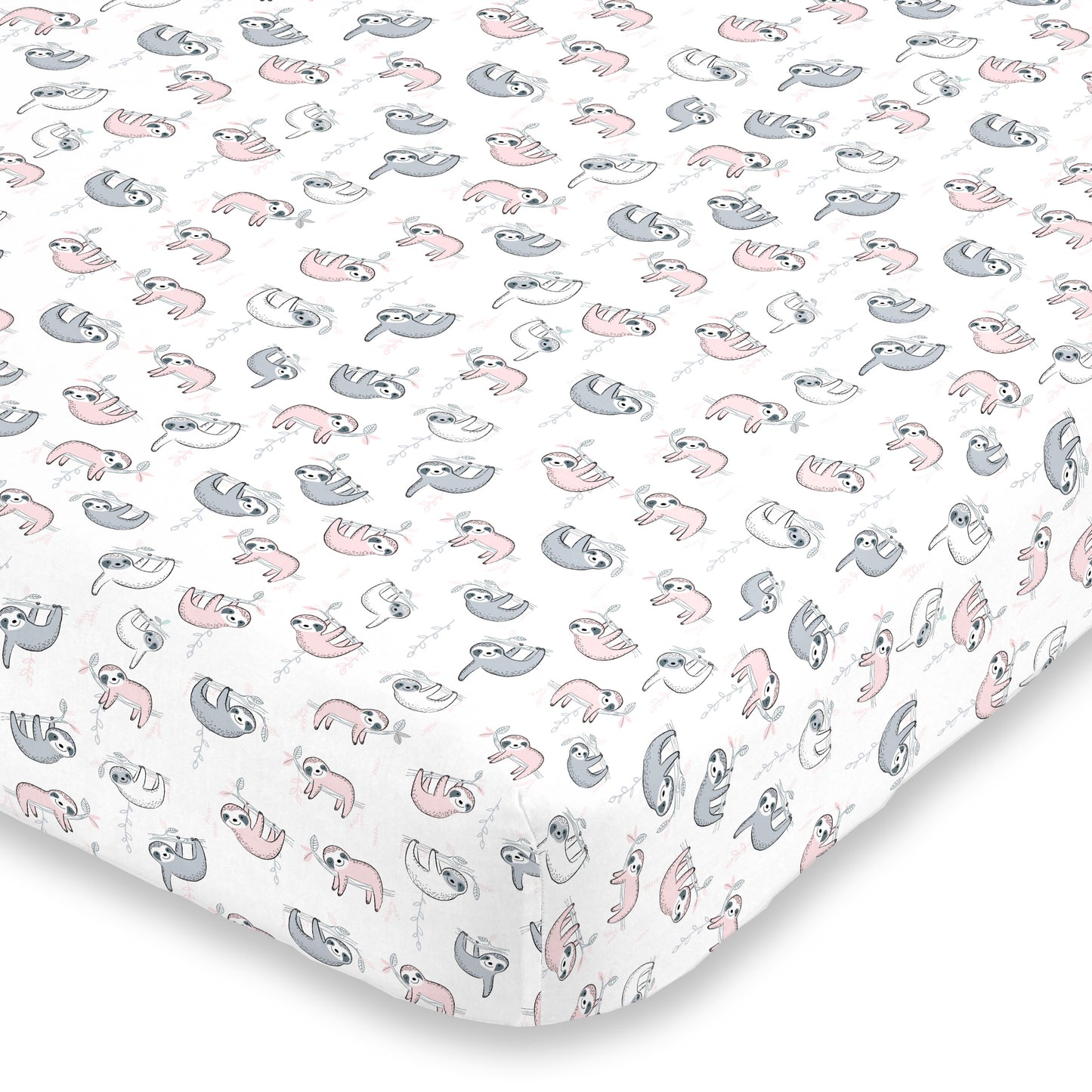 NoJo Super Soft Pink, Grey and White Sloth Fitted Crib Sheet