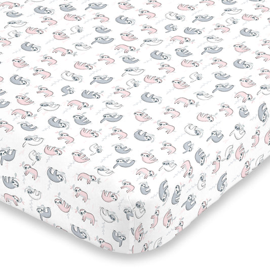 NoJo Super Soft Pink, Grey and White Sloth Fitted Crib Sheet