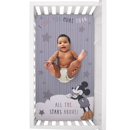 Disney Mickey Mouse Love Mickey Gray, White, and Tan I Love You More Than All The Stars Above Photo Op 100% Cotton Fitted Crib Sheet