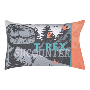 Universal Jurassic World Into The Wild Grey, White, Orange and Aqua T. Rex 4 Piece Toddler Bed Set - Comforter, Fitted Bottom Sheet, Flat Top Sheet and Reversible Pillowcase
