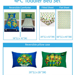 NoJo Teenage Mutant Ninja Turtles 4 Piece Toddler Bed Set - Includes a Comforter, Fitted Bottom Sheet, Flat Top Sheet, Reversible Pillowcase