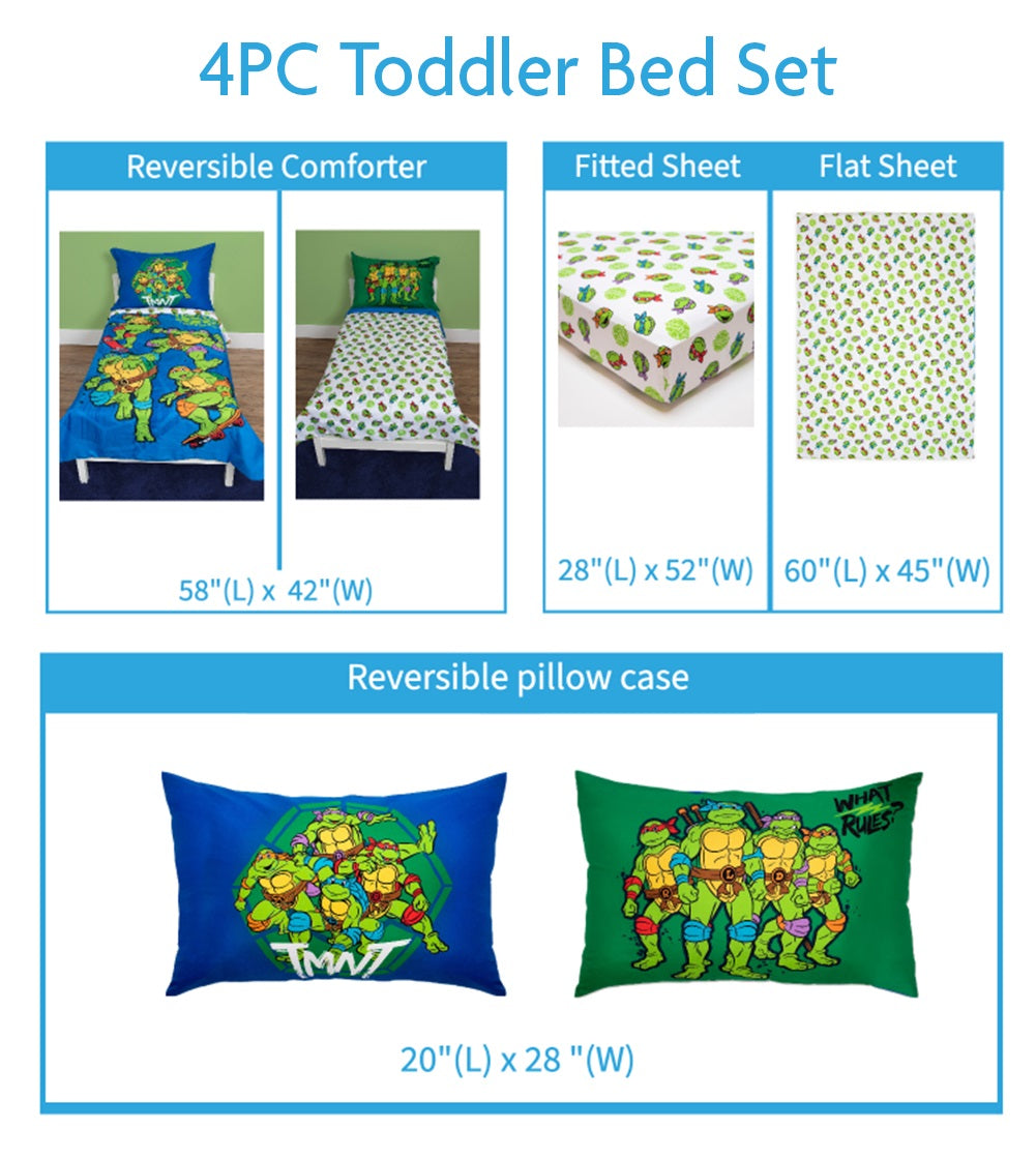 NoJo Teenage Mutant Ninja Turtles 4 Piece Toddler Bed Set - Includes a Comforter, Fitted Bottom Sheet, Flat Top Sheet, Reversible Pillowcase