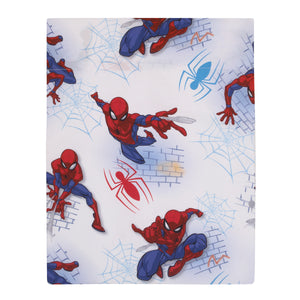 Marvel Spider-Man Wall Crawler Red, White, and Blue Spider Webs 4 Piece Toddler Bed Set - Comforter, Fitted Bottom Sheet, Flat Top Sheet, and Reversible Pillowcase