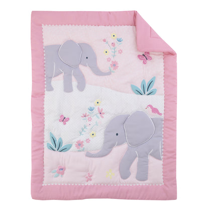 Carter's Floral Elephant Pink and Gray Bird, Butterfly and Flowers 3 Piece Nursery Crib Bedding Set - Comforter, Fitted Crib Sheet, and Crib Skirt