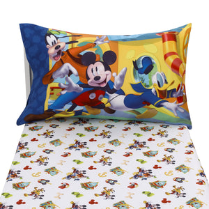 Disney Mickey Mouse Funhouse Crew Blue, Red, Yellow, and White, Funny, Donald Duck, Goofy and Pluto 2 Piece Toddler Sheet Set - Fitted Bottom Sheet and Reversible Pillowcase