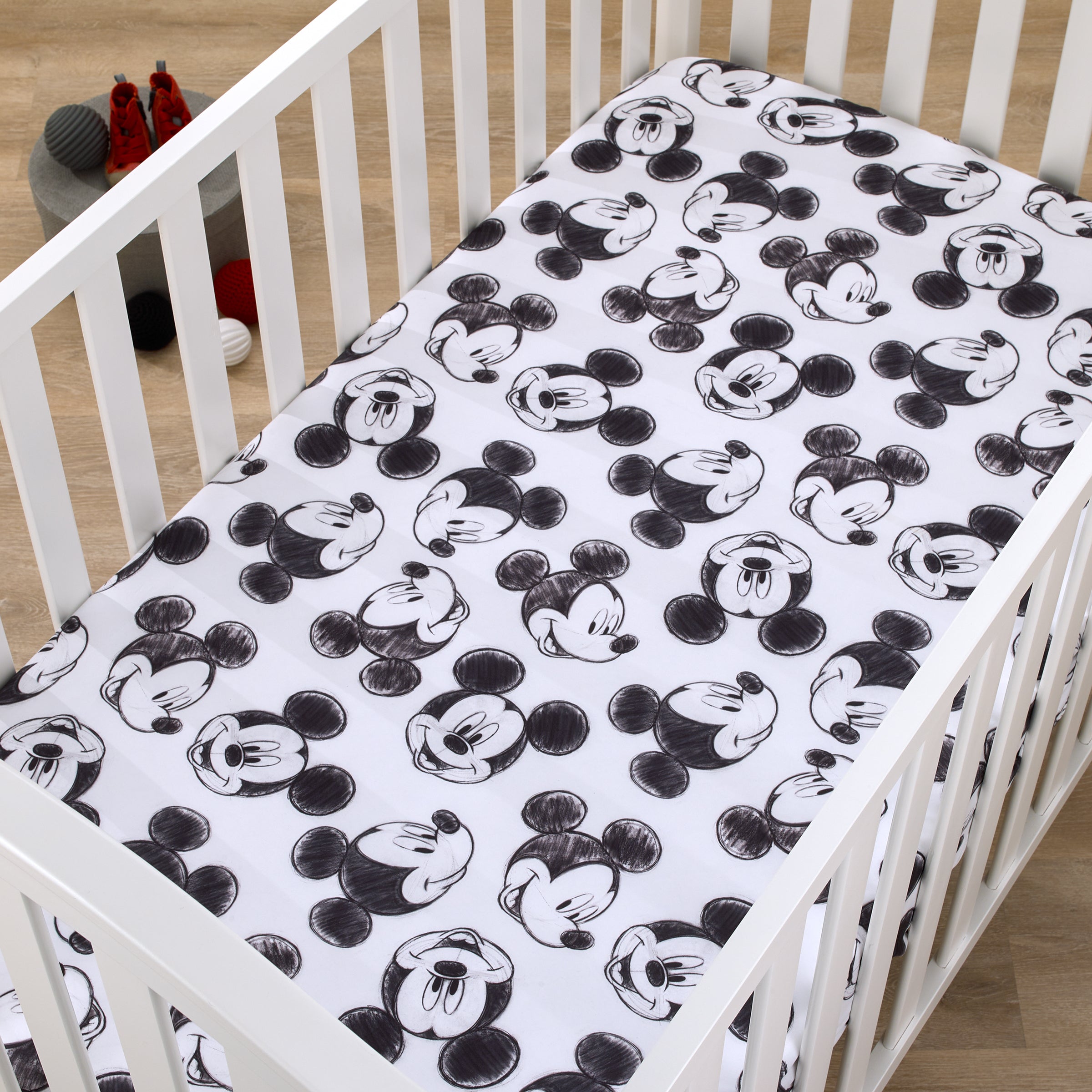 Disney Mickey Mouse Charcoal Black and White Smiling Mickey Mouse Nursery Fitted Mini Crib Sheet NoJo Baby