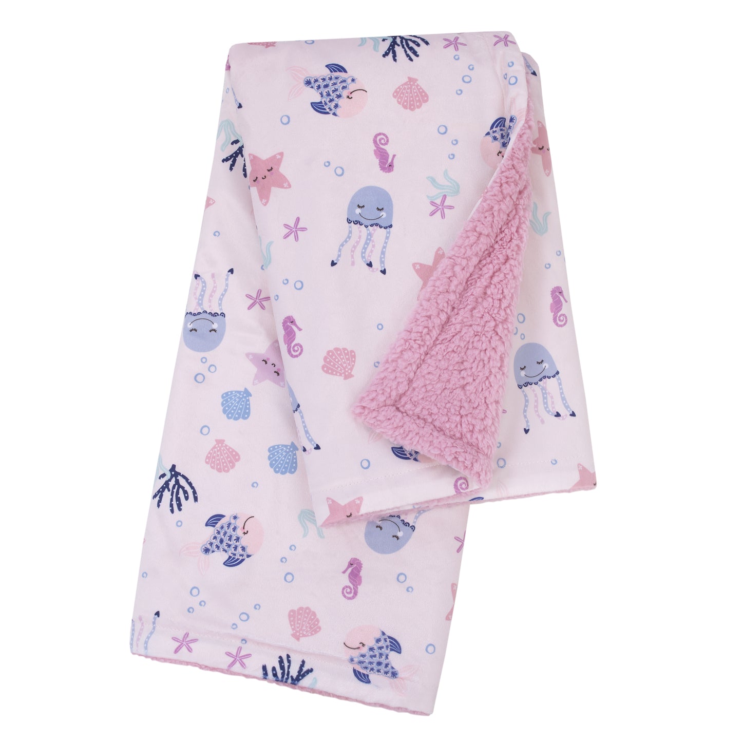 NoJo Mermaid Lagoon Pink and Blue Seashells, Jellyfish, Coral, and Seahorses Super Soft Sherpa Baby Blanket