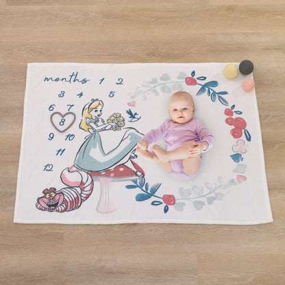 Disney Alice in Wonderland White, Pink, and Blue Cheshire Cat Super Soft Photo Op Milestone Baby Blanket