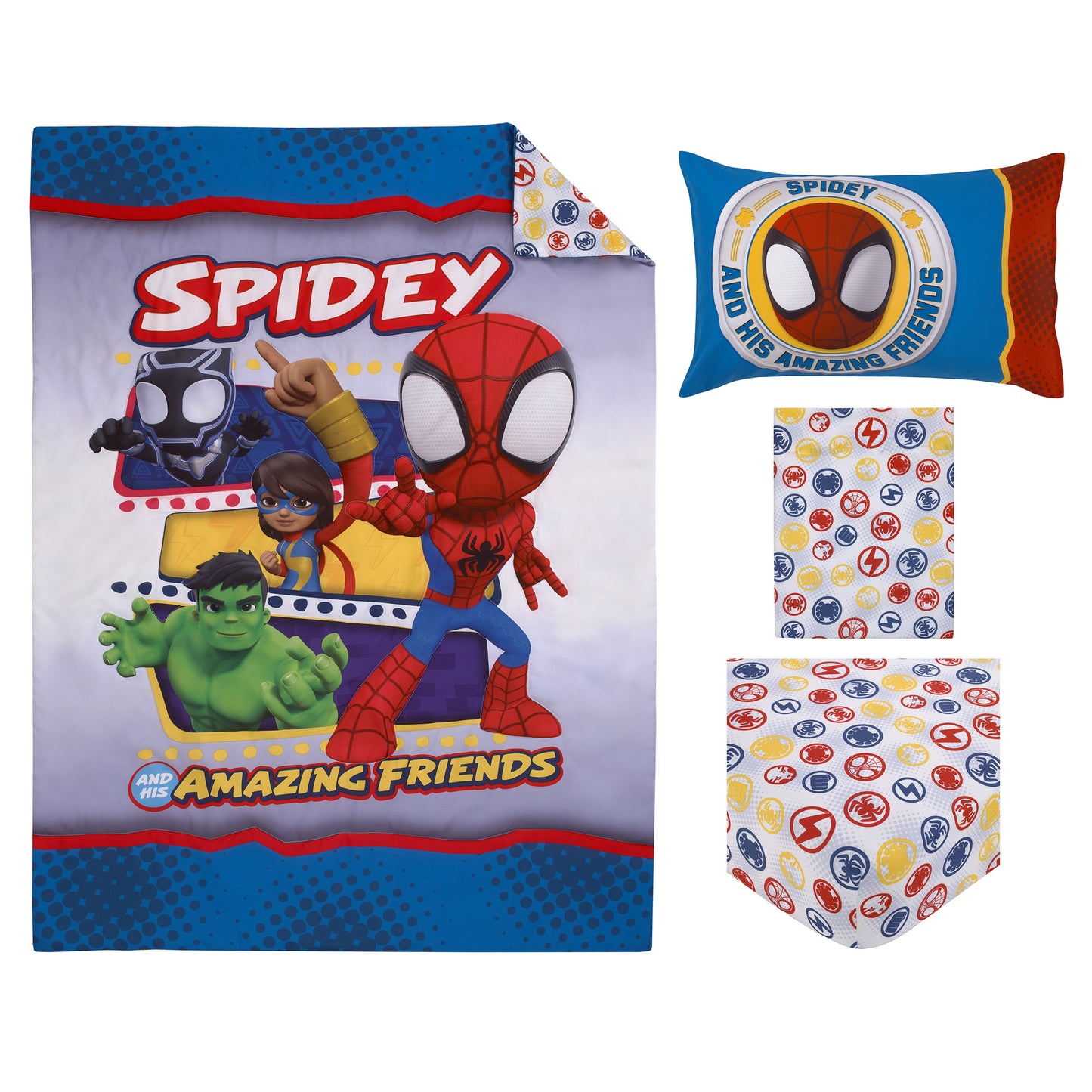 Marvel Spidey and His Amazing Friends Blue, Red, Yellow, and Green, Team Up 4 Piece Toddler Bed Set - Comforter, Fitted Bottom Sheet, Flat Top Sheet, and Reversible Pillowcase