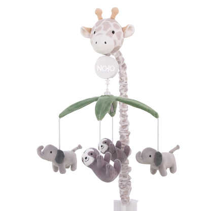 NoJo Plush Giraffe Taupe, Green, and Gray Elephants and Sloth's Musical Mobile