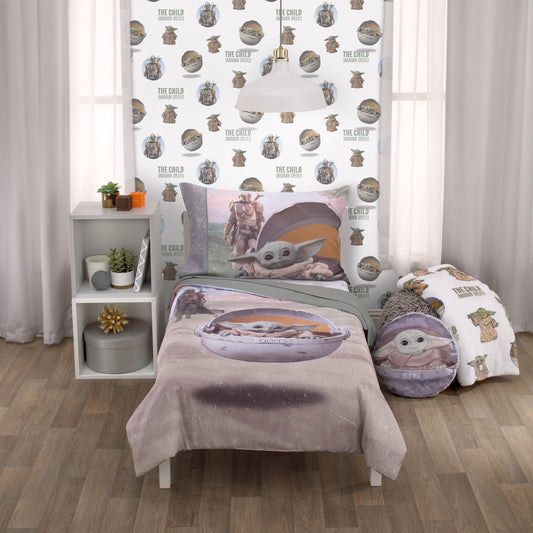 The Mandalorian "The Child" Green, Tan, White 4 Piece Toddler Bed Set - Comforter, Fitted Bottom Sheet, Flat Top Sheet, Reversible Pillowcase