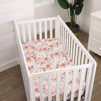 NoJo Happy Pink and White Floral Super Soft Fitted Mini Crib Sheet