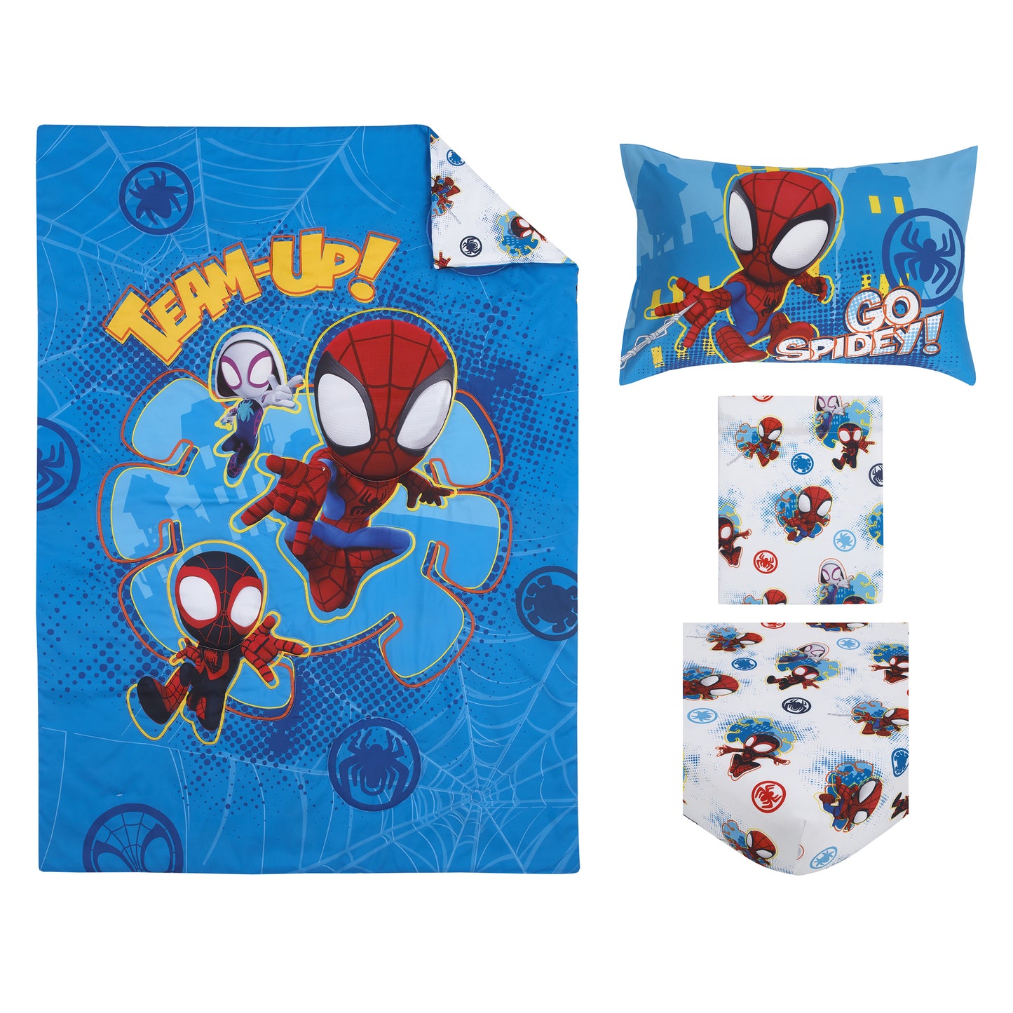Marvel Spidey and his Amazing Friends Spidey Team Red, White, and Blue 4 Piece Toddler Bed Set - Comforter, Fitted Bottom Sheet, Flat Top Sheet, and Reversible Pillowcase