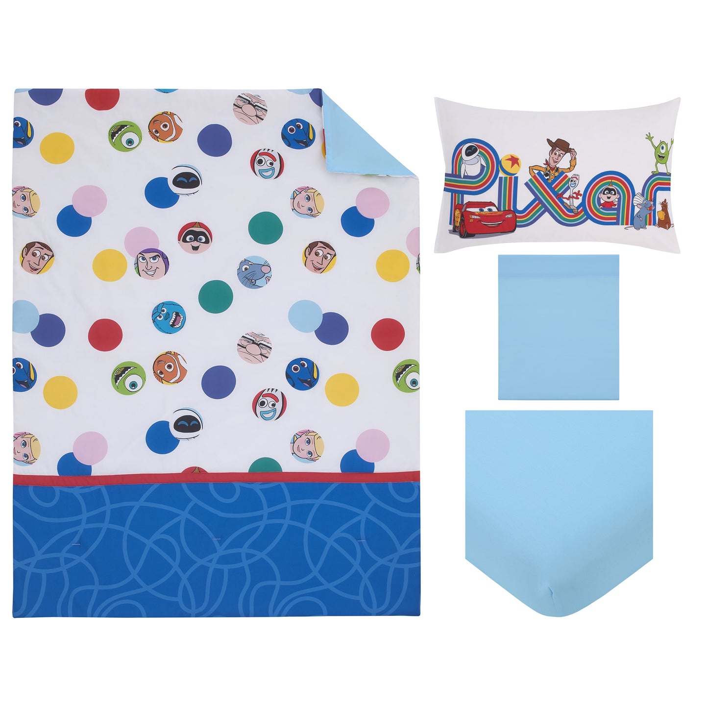Disney Choose Happy Pixar Friends Multi-Colored 4 Piece Toddler Bed Set - Comforter, Fitted Bottom Sheet, Flat Top Sheet, and Reversible Pillowcase