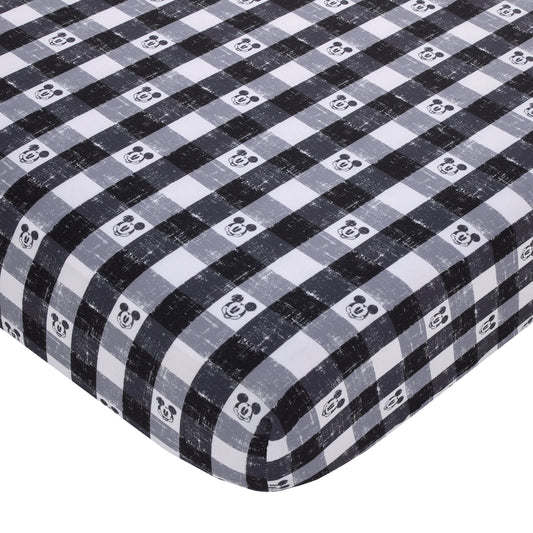 Disney Mickey Mouse - Black, White and Gray Plaid Nursery Fitted Crib Sheet